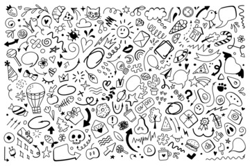 Vector line art Doodle cartoon set of objects and symbols. Doodle. Use for concept design. All objects are separated. Vector illustration