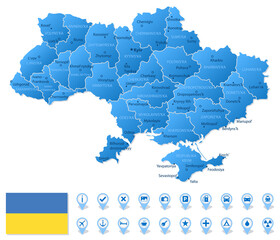 Blue map of Ukraine administrative divisions with travel infographic icons.