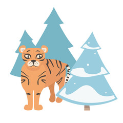 Tiger stands between spruces. Cute animal in cartoon style