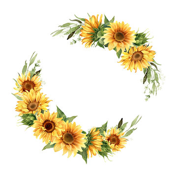 Sunflower wreath. Watercolor floral illustration. Yellow flowers for rustic wedding design, thanksgiving decoration, fabric, greeting cards, ets. Elements isolated on white background