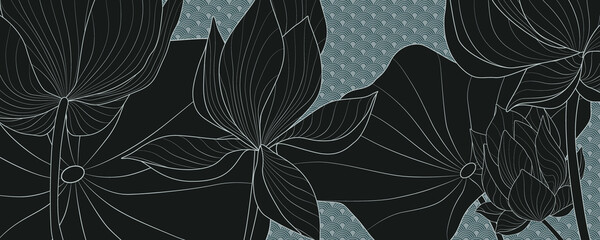 Luxury vector background with black lotus flowers on a blue background in Japanese style. - obrazy, fototapety, plakaty