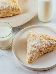 homemade desserts with caramel, nuts on a light background