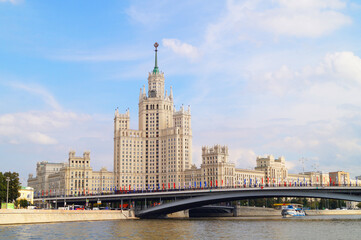 Fototapeta na wymiar View of the Stalin high-rise in Moscow from the Moskva River