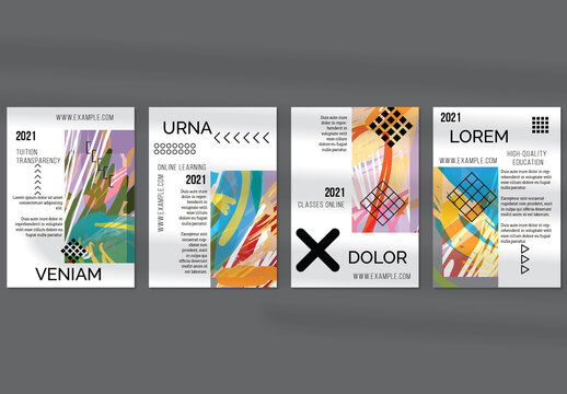 Flyer Layout with Geometric Shapes and Abstract Bright Rectangle on White