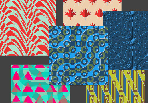 Seamless Pattern Set with Retro Colored Geometric Shapes and 3D Shadow Effect
