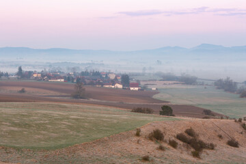 Fototapeta premium Blazovce village and rural landscape of Turiec basin, Slovakia.