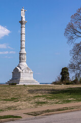 USA, Virginia, Yorktown - March 30, 2013: Yorktown Victory Monument , complete white stone memorial...