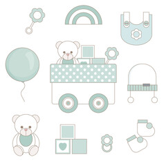 Care box of organic newborn cotton clothes  and toys. Baby first equipment