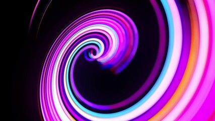 Motion graphics, sci-fi bg. Stream of multicolor neon lines form spiral shape, curls and pattern. Abstract background with light trails, Modern trendy motion design bg. Light flow bg. 3d render