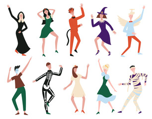 People dancing at the in costumes of Halloween characters. Vector holiday characters