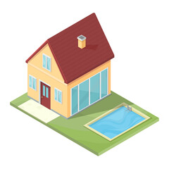 cartoon isometric two story house with pool on the lawn, vector illustration