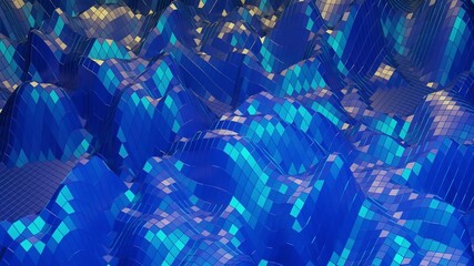 3d render. Stylish creative abstract low poly background. Abstract waves on glossy surface. Simple minimalistic geometric bg. Blue color