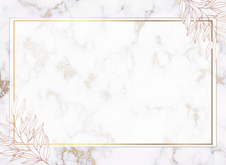 Plants line gold. Marble background with silver. Luxurious transparent nature. Branches with a thin gold line. Light pastel colors. Vector abstract background.
