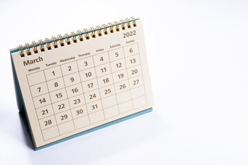 March 2022 calendar: month page on white background isolated