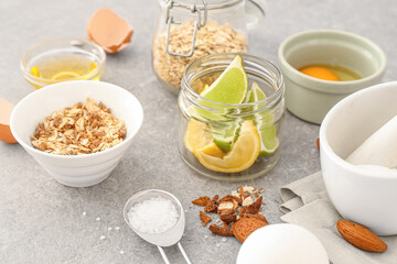 Natural ingredients for homemade cosmetics on light background