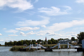 View on a small town with wooden houses from the sea