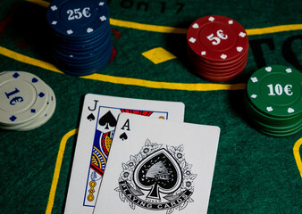cards with ace and jack of spades, scoring with black jack