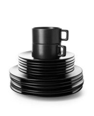 Set of black clean dishes on white background