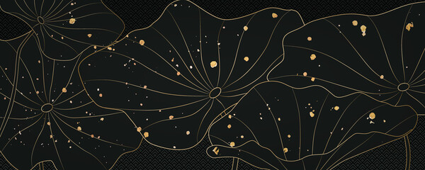 Luxury dark abstract background with lotus leaves in gold for packaging design and web banners.
