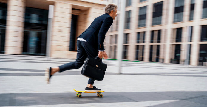 A blurry photo in motion. The manager rides a skateboard to the office. A businessman man goes to work. He holds a briefcase with documents in his hand.