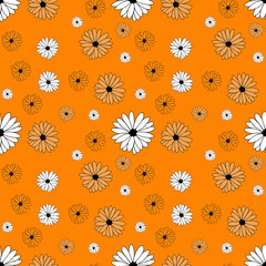 Seamless background with white flower doodles, orange background. Luxury pattern for creating textiles, wallpaper, paper. Vintage. Romantic floral Illustration