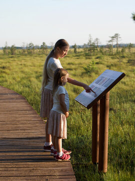 Children standing in Nature Reserve looking at Information Board