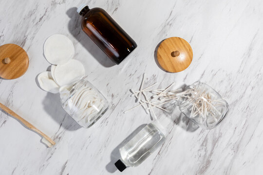 Overhead Still Life of Various Zero Waste Bathroom Products