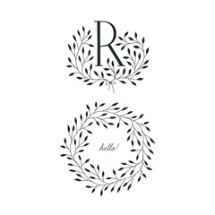 Set of vector hand drawn floral R monogram and elegant wreath. Graphic logo with letter R.