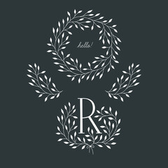 Set of vector hand drawn floral R monogram and elegant wreath. Graphic logo with letter R.- 457418524