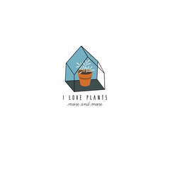 Illustration of a flower pot in a cute tiny house. Nice house logo. Growing, farming, nature concept. Emblem for a flower shop, eco farm and more.