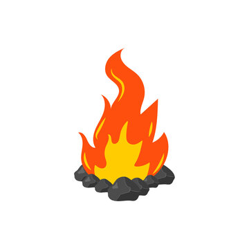 Set of burning bonfires, flame on firewood or logs in fire.