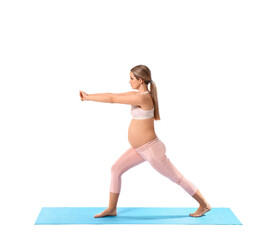 Young pregnant woman practicing yoga on white background