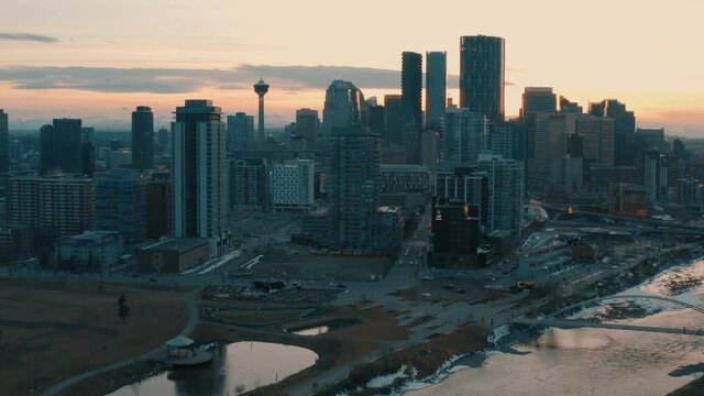 East Village and Bow River Sunset Overlooking Downtown Calgary