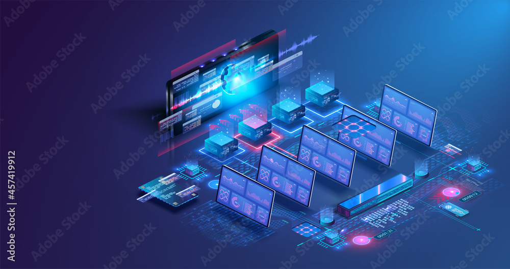 Poster big data analytics, computing in data center. monitor with data about system files. data transmissio