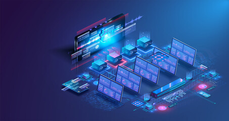 Big data analytics, computing in data center. Monitor with data about system files. Data transmission technology. Monitoring and testing of the digital process. Vector illustration isometric style