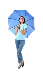 Beautiful young woman with umbrella on white background