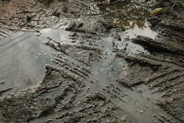 Wheel tracks on the soil road background or texture