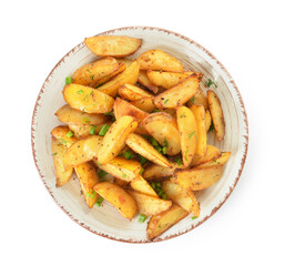 Plate with tasty baked potato on white background