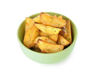 Bowl with tasty baked potato on white background
