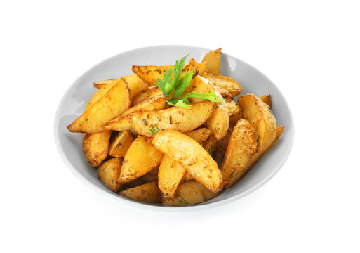 Bowl With Tasty Baked Potato On White Background