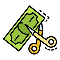 Scissors cut money icon. Outline scissors cut money vector icon color flat isolated on white
