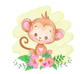 Baby monkey with tropical flowers vector illustration. Watercolor painting.