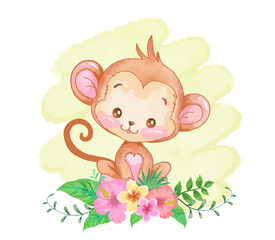 Baby monkey with tropical flowers vector illustration. Watercolor painting. © Mimi Art Smile
