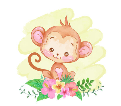 Baby monkey with tropical flowers vector illustration. Watercolor painting.