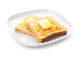 Plate with delicious toasted bread with honey and butter on white background