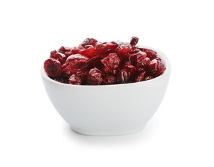 Bowl with tasty dried cranberries on white background