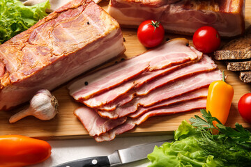 Board with tasty smoked bacon and fresh vegetables on table