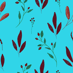 Seamless pattern with flowers and leaves. The composition for the design of the fabric. An illustration for a holiday, a party and invitations. Decoration for the interior. Autumn drawing.