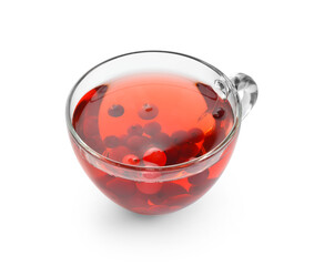 Cup of tasty tea with cranberry on white background