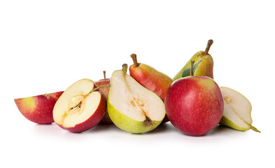 Ripe pears and apples on white background